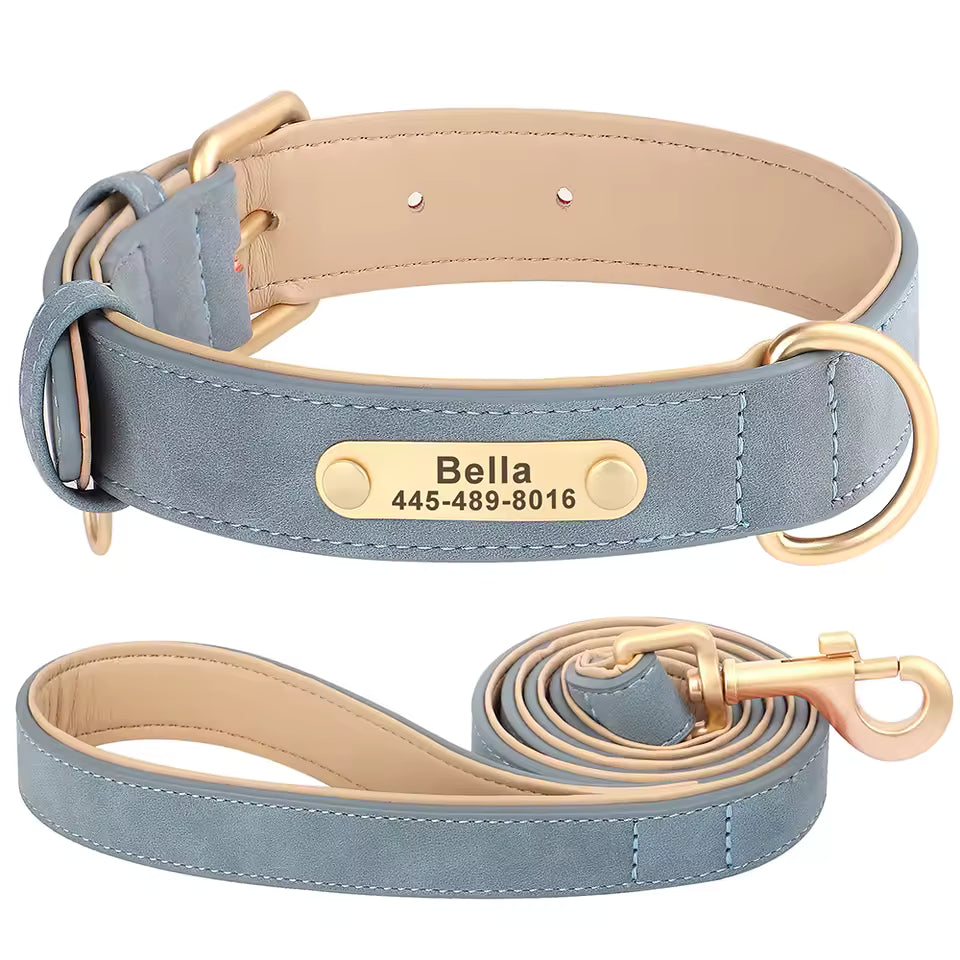 Engraved Leather Dog Collar  & Leash Set