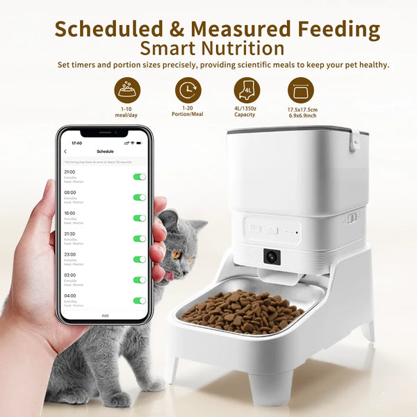 4.5 L Smart Automatic Pet Feeder with 1080P HD Camera 15cm Elevated 5G WiFi Tuya APP Furpipi